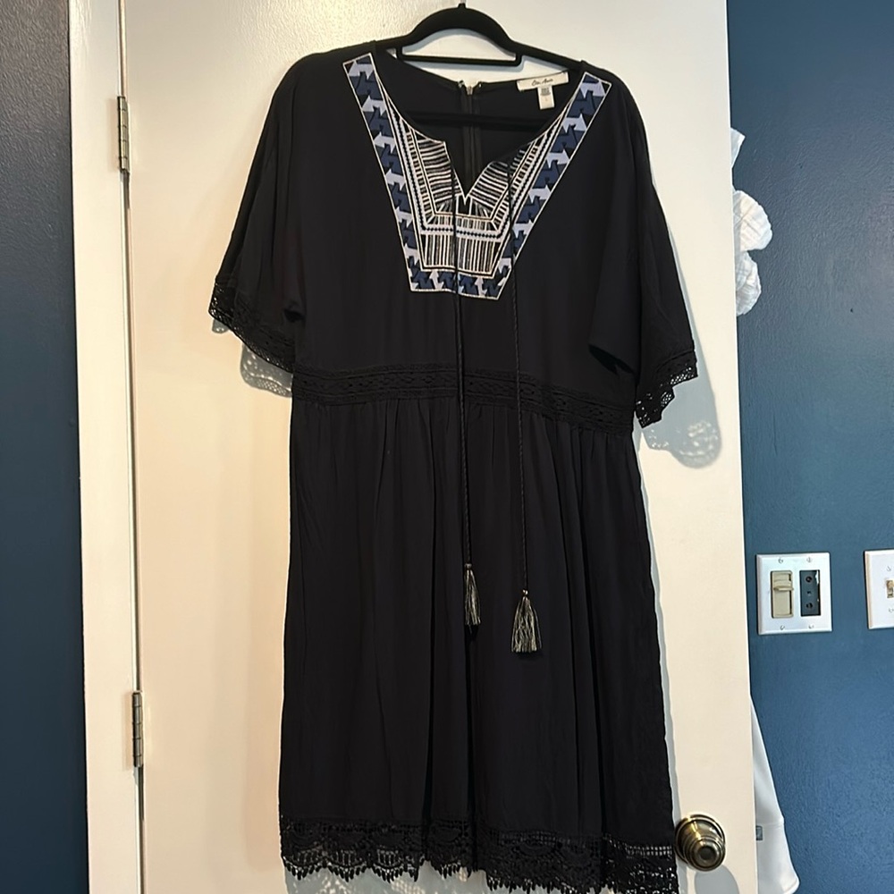 Black boho dress with embroidered yoke detail